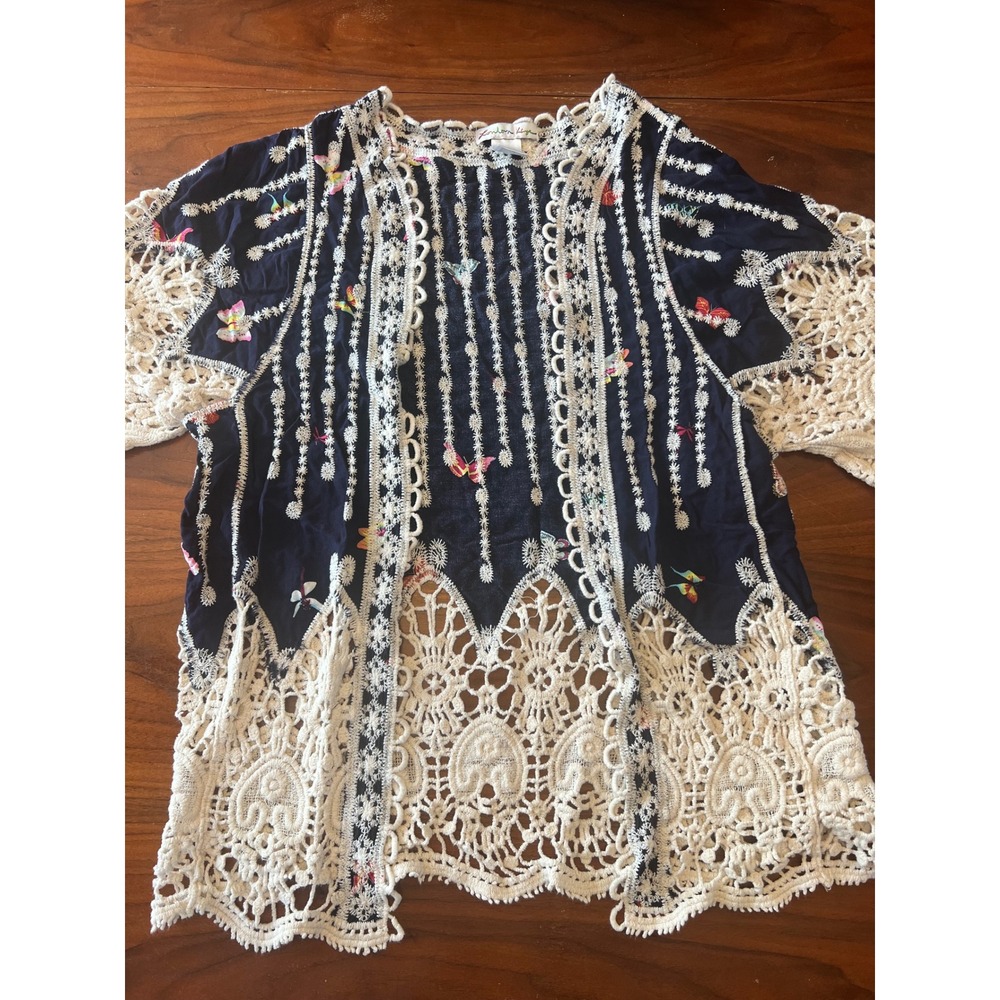 London Kaye Navy Butterfly Embroidered Crochet Lace Open Front Kimono Top OS